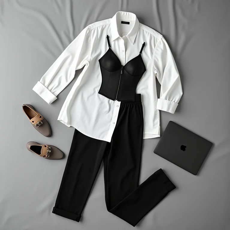 Camisa branca, corset preto e calça de alfaiataria para um look de trabalho moderno