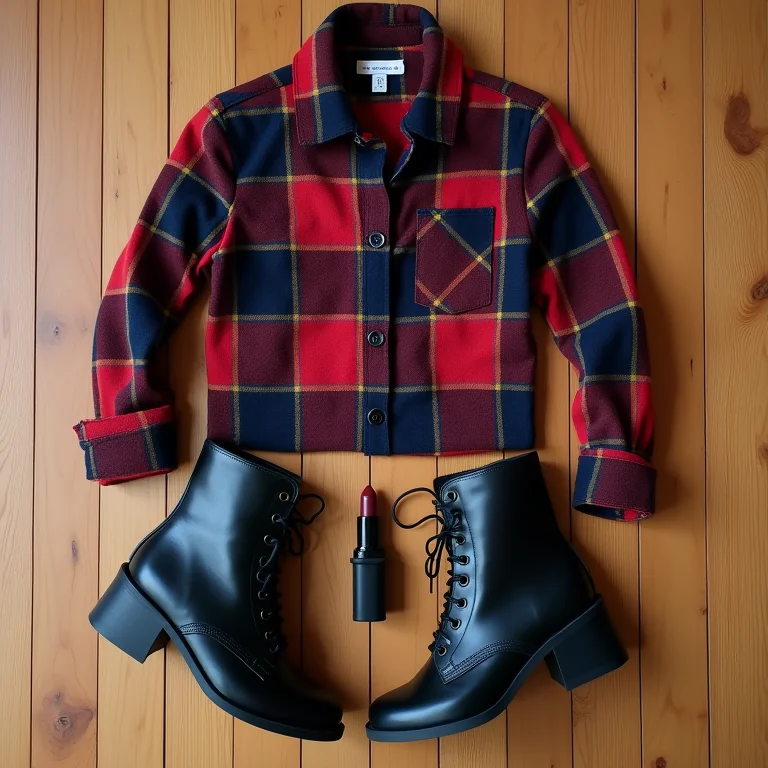 Camisa xadrez, coturnos pretos e batom escuro dispostos em um outfit grid