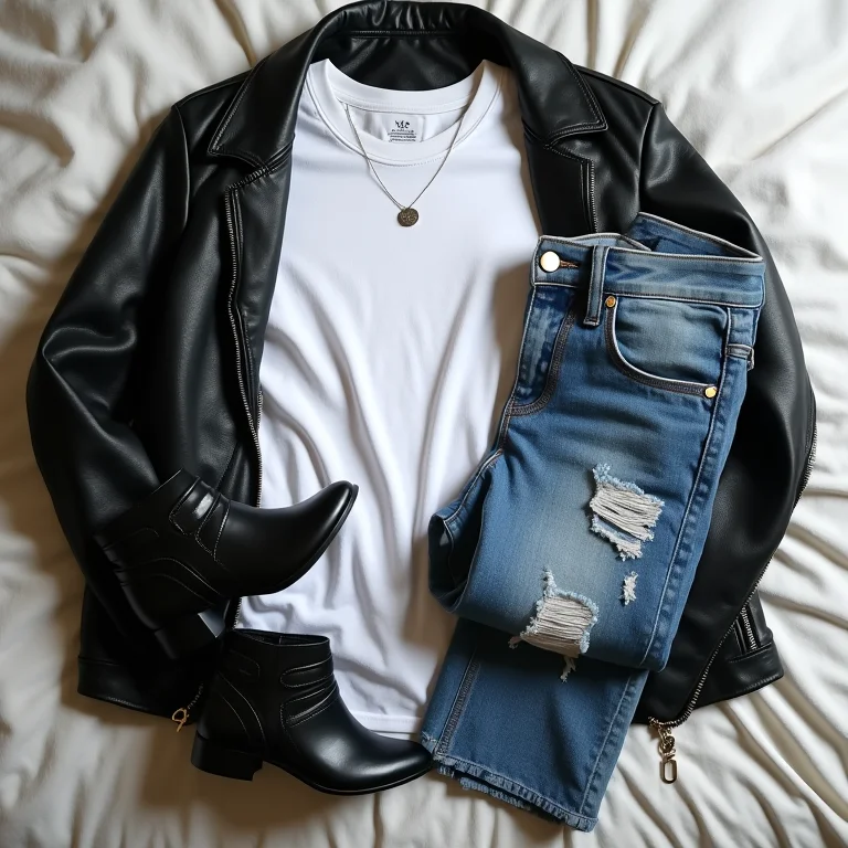 Camiseta branca combinada com jaqueta de couro, jeans rasgados e bota de cano curto