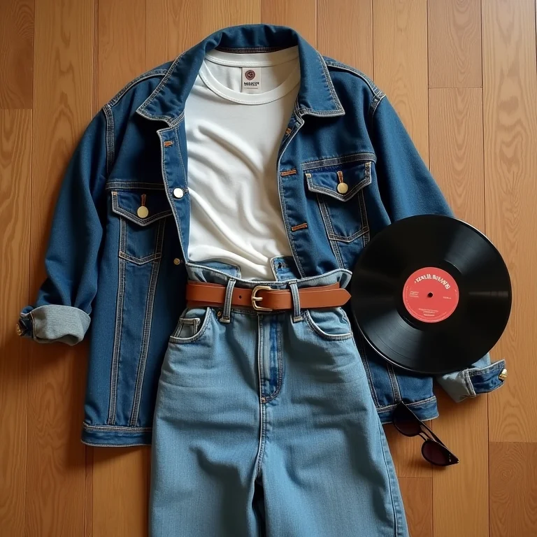 Camiseta de banda vintage, jaqueta jeans, calça jeans de cintura alta e cinto vintage dispostos em um flat lay