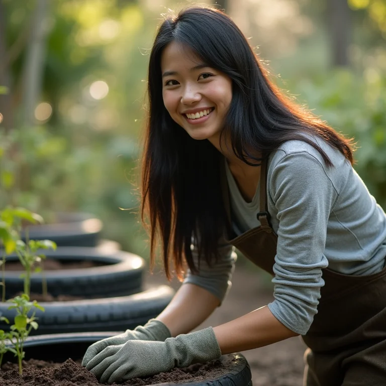 Canteiros elevados com pneus e mulher asiática