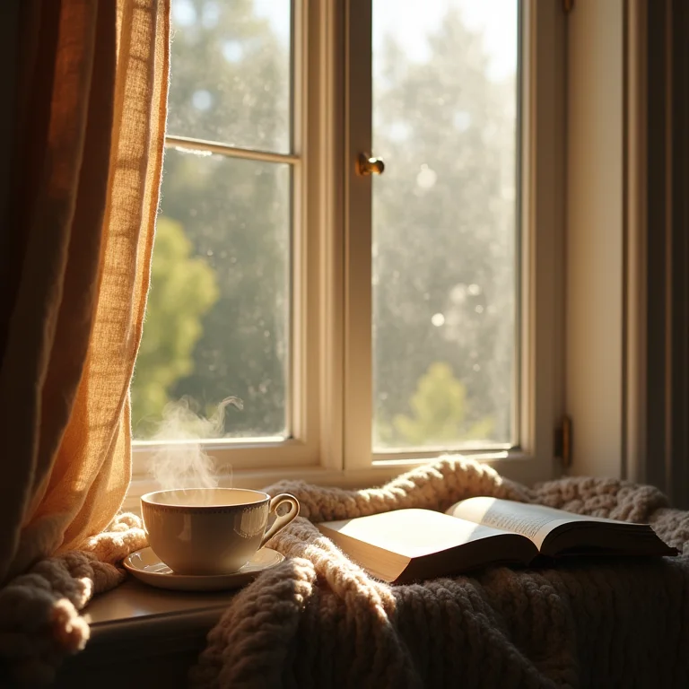 Cantinho aconchegante com chá e livro