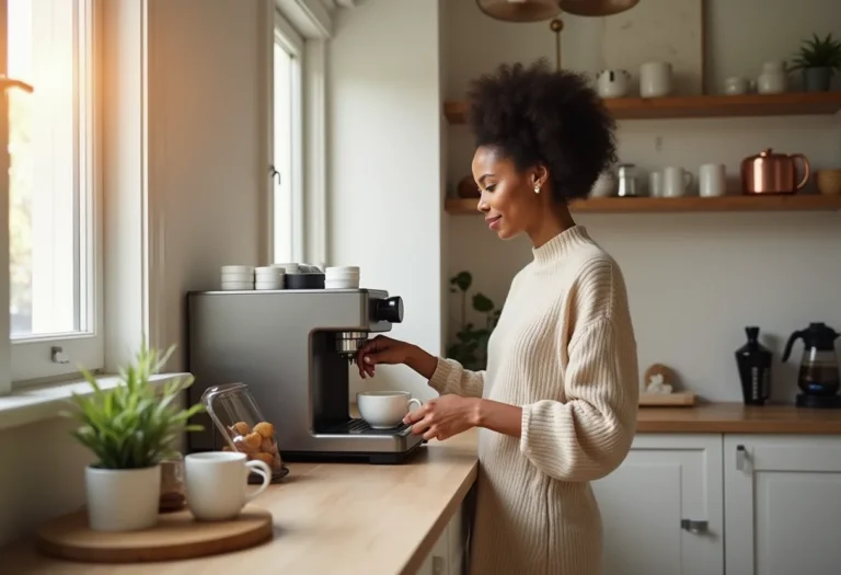 Cantinho do Café Simples: Decoração minimalista com máquina de café e prateleiras brancas