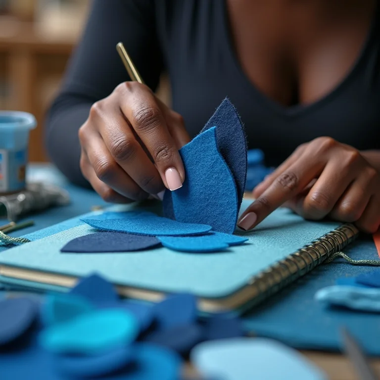 Capa de caderno do Stitch feita com feltro sendo costurada à mão