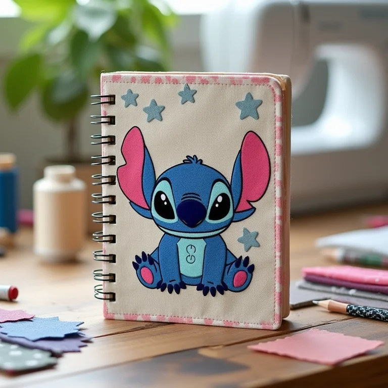 Capa de caderno do Stitch feita com tecido
