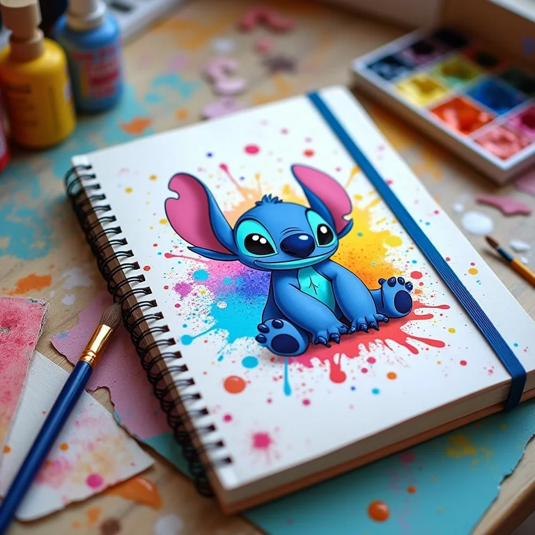 Capa de caderno Stitch colorida com explosão de cores