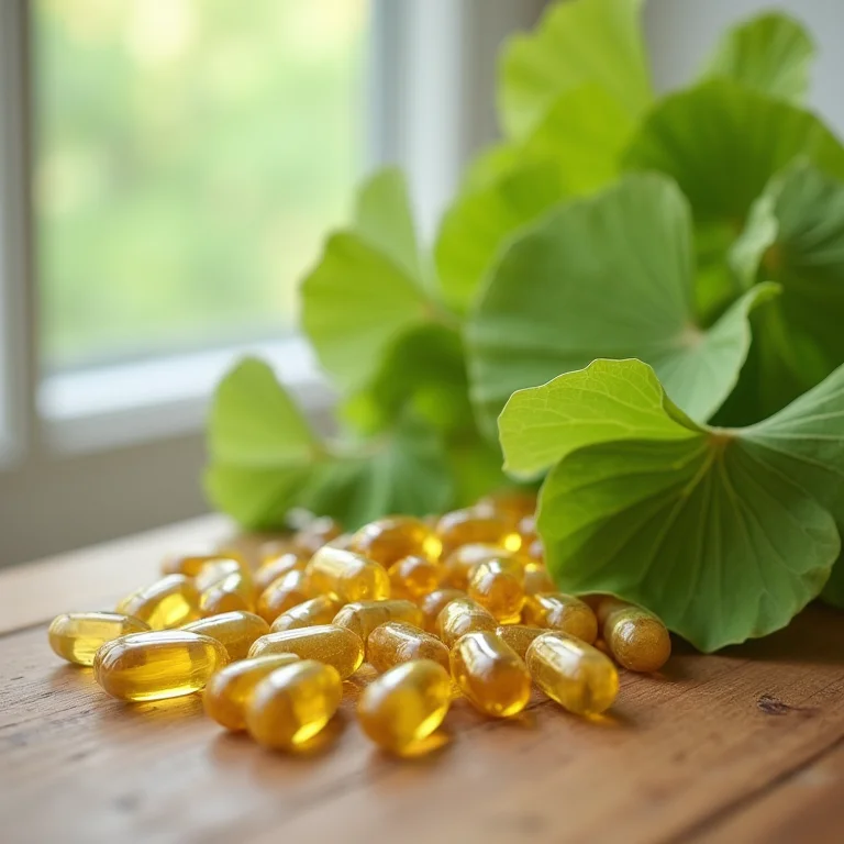 Cápsulas de Ginkgo Biloba e folhas frescas