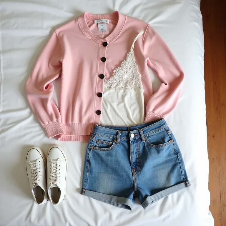 Cardigan curto rosa, camisola de renda, shorts jeans e tênis branco organizados em um outfit grid