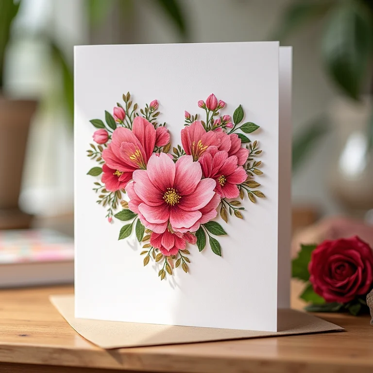 Cartão de Dia das Mães finalizado com desenho de coração floral