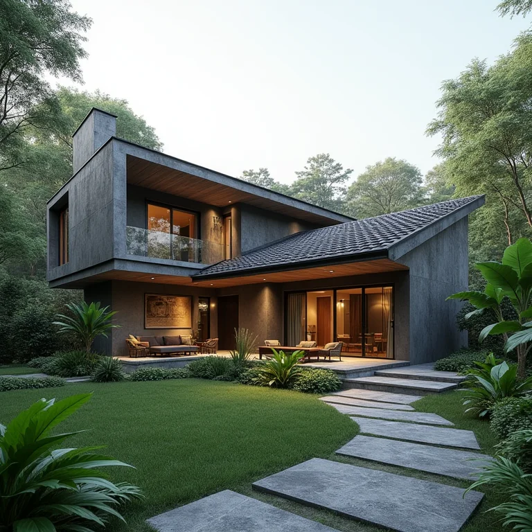 Casa moderna com telhado de telha de concreto palha e jardim exuberante.