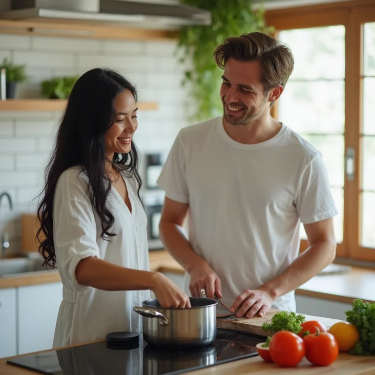 Casal cozinhando junto na cozinha