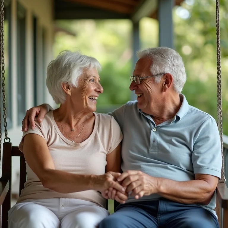 Casal sênior sorrindo e de mãos dadas