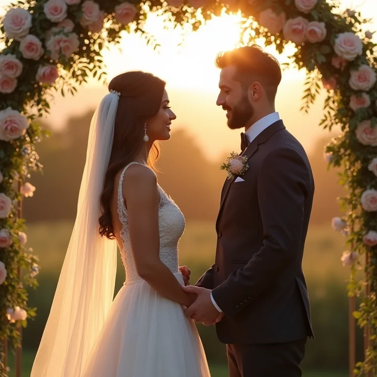 Casal trocando votos em cerimônia de casamento ao ar livre sob arco floral