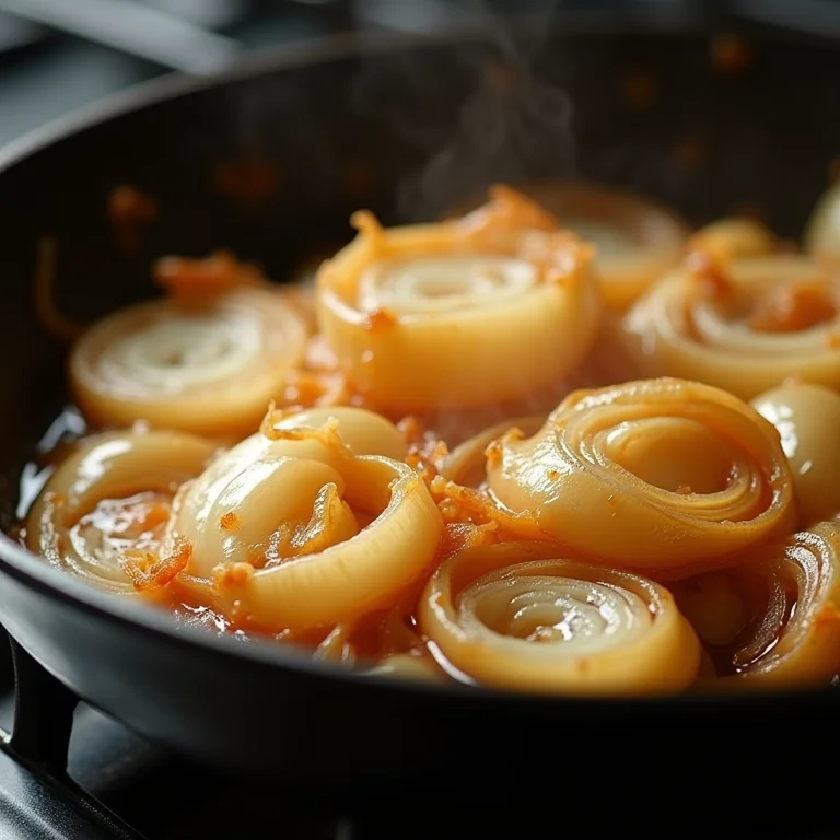 Cebolas caramelizando em frigideira de ferro.