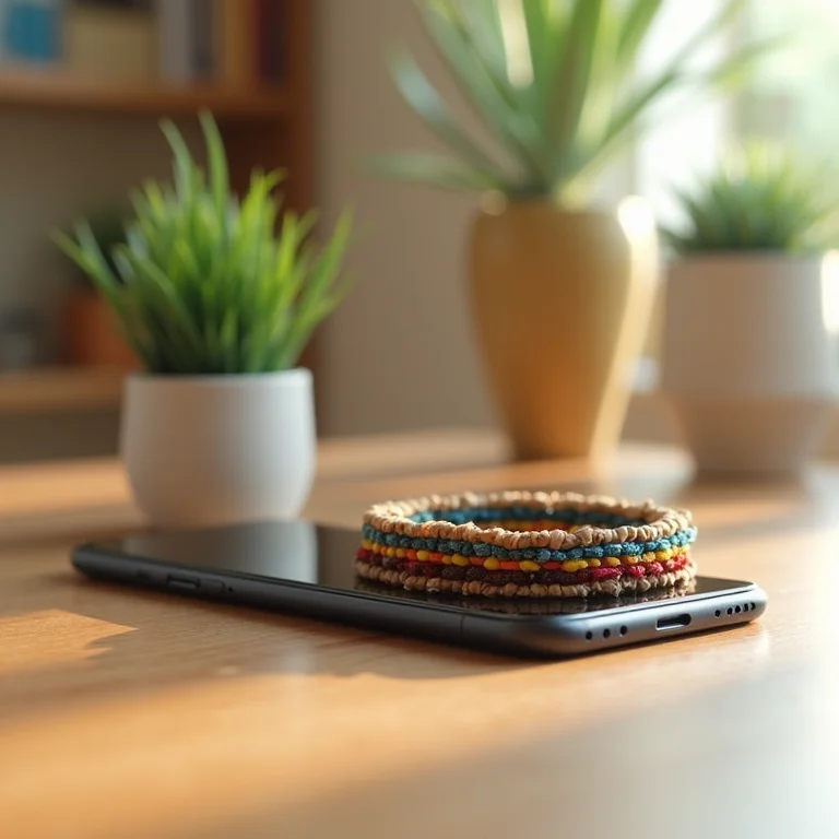 Celular desligado com pulseiras de amizade.