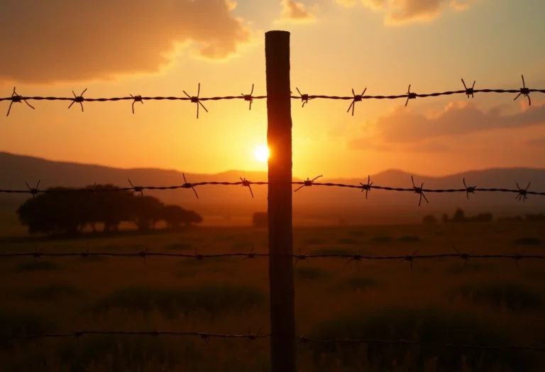 Cerca de arame farpado em fazenda brasileira ao entardecer
