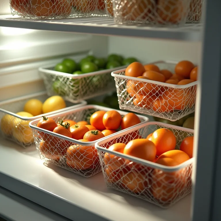 Cestas aramadas organizando alimentos na geladeira