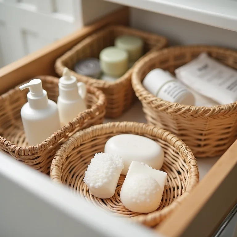 Cestinhas de vime ou palha para organizar produtos de beleza