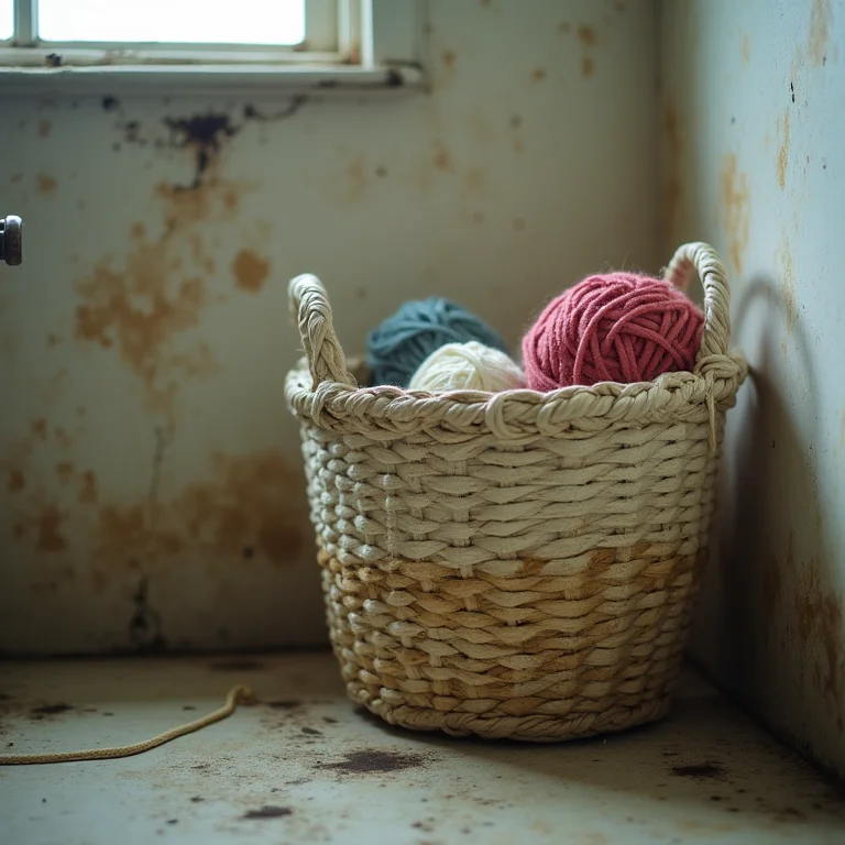 Cesto de fio de malha em banheiro úmido com sinais de mofo.