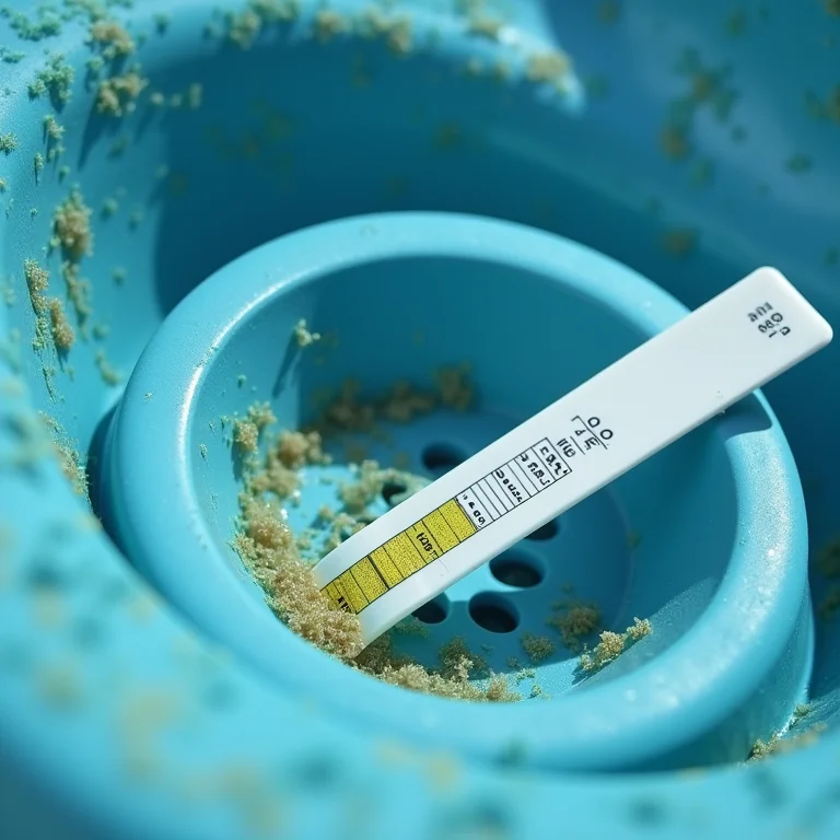 Cesto do skimmer da piscina com algas e teste de nível de sal baixo.