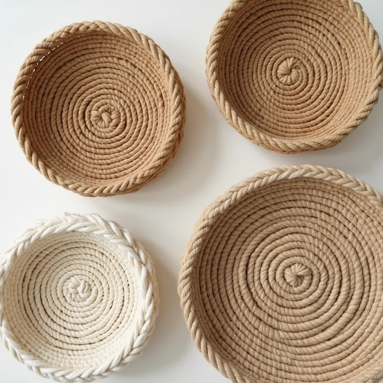 Cestos de fio de malha feitos com materiais sustentáveis.