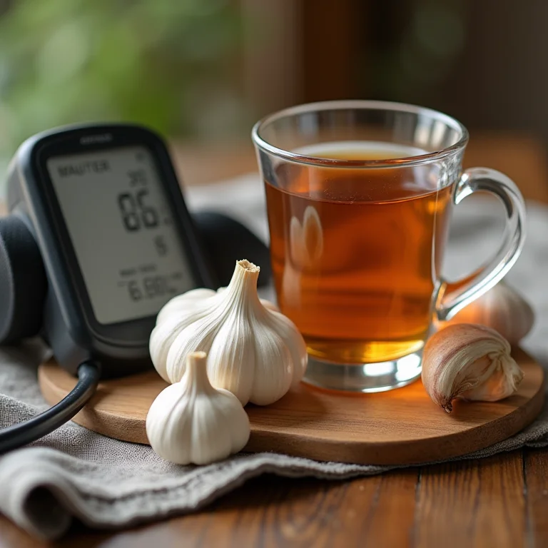 Chá de alho, alho cru e aparelho de pressão.