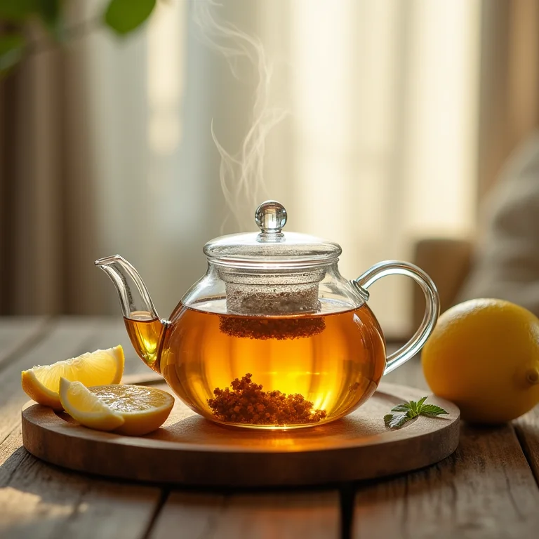 Chá de assa peixe com limão em bule de vidro sobre mesa rústica.