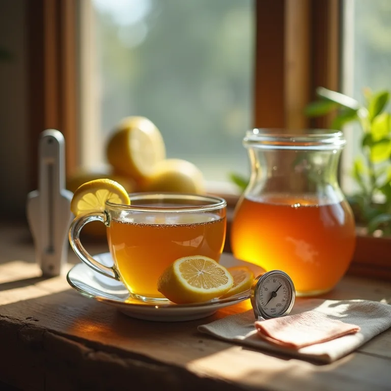 Chá de poejo com limão, mel e termômetro