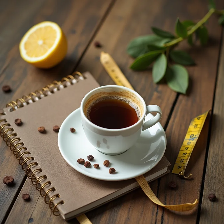 Chá mate, caderno e fita métrica em composição flat lay.