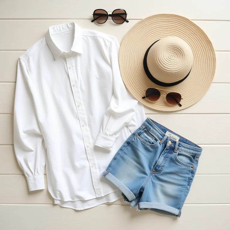 Chapéu floppy da C&A combinado com camisa de linho, shorts jeans e óculos de sol