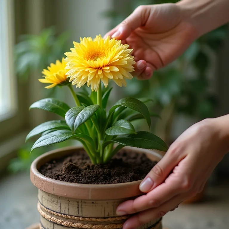 Close das mãos regando um crisântemo em vaso decorativo