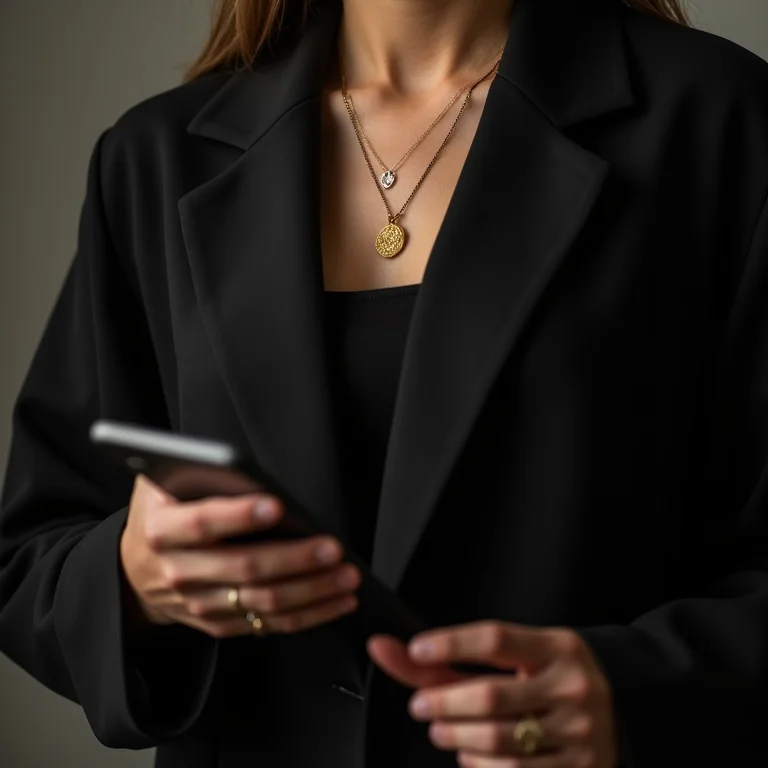 Close up da textura de um blazer preto alongado usado de forma casual com colar delicado