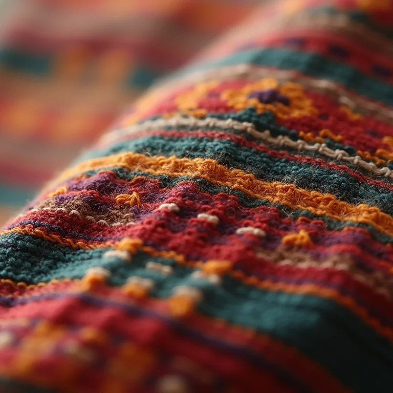 Close-up da textura de um tecido com estampa étnica detalhada