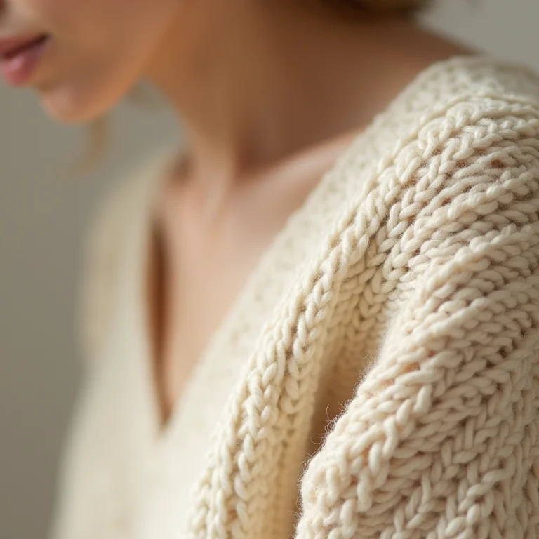 Close-up da textura de um vestido de tricô bege claro