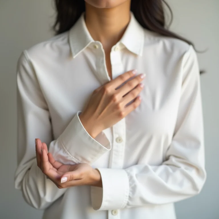 Close-up das mãos de uma mulher asiática tocando uma camisa branca de algodão Pima