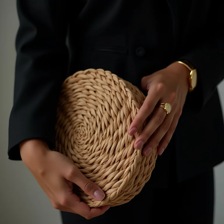 Close up das mãos de uma mulher segurando uma bolsa de palha redonda com blazer preto