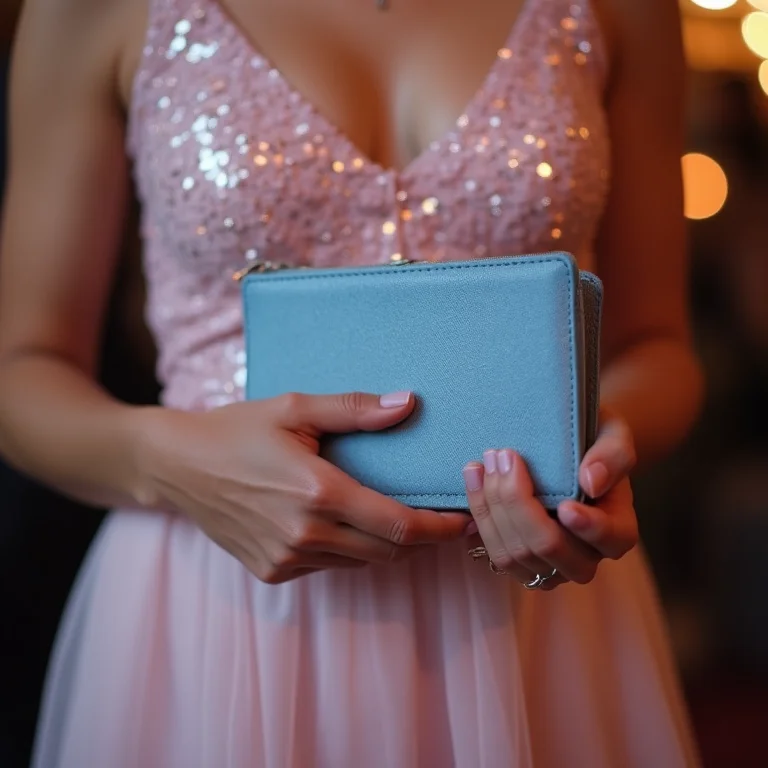 Close-up das mãos de uma mulher segurando uma clutch azul bebê com um vestido de paetês rosa pastel.