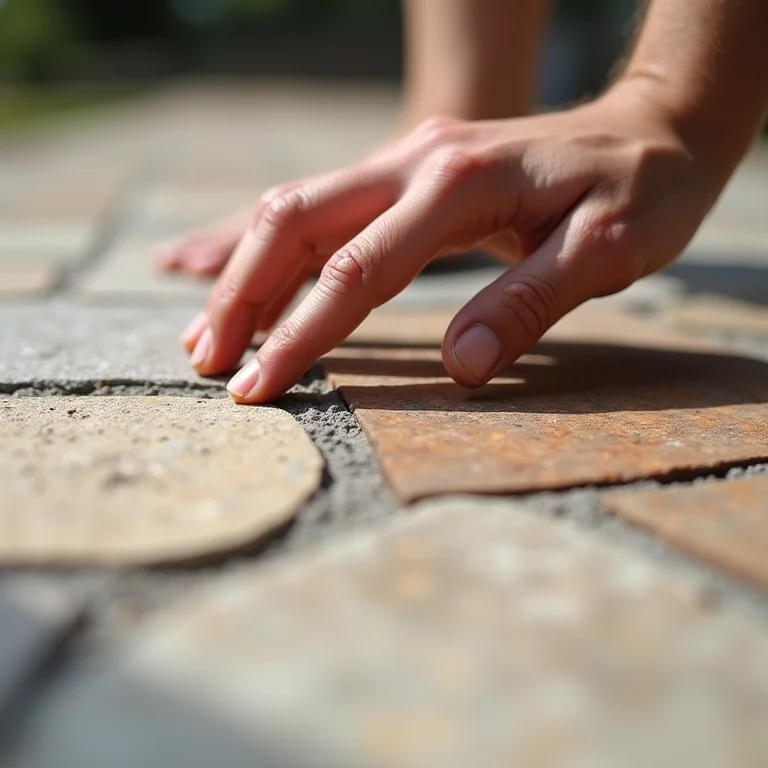 Close up das mãos tocando texturas diferentes de pisos de quintal.