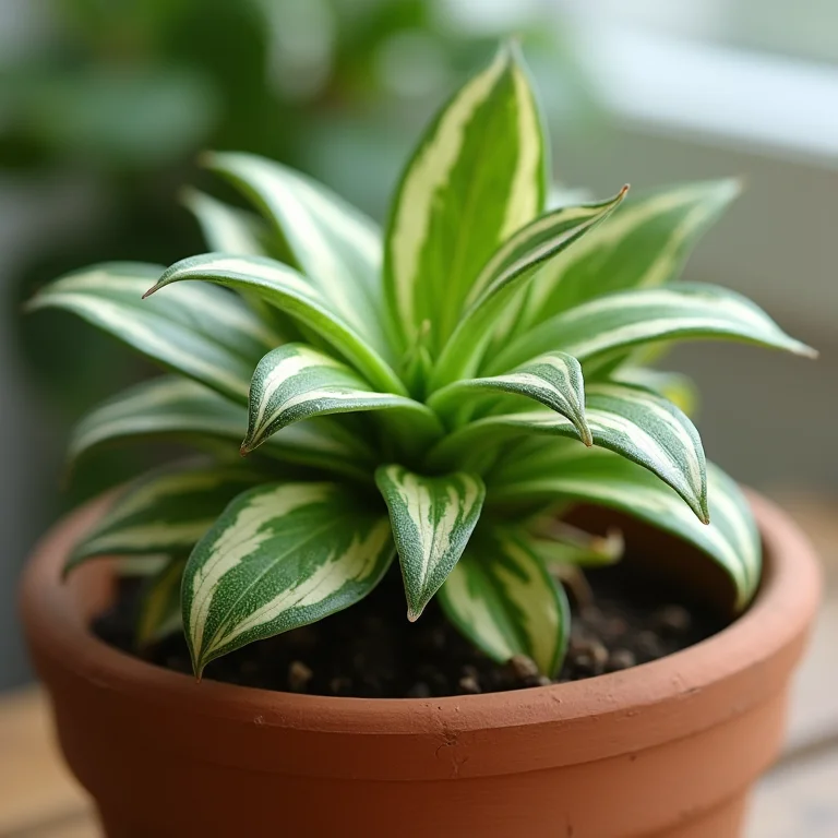 Close up de Aglaonema com folhas variegadas em vaso de terracota