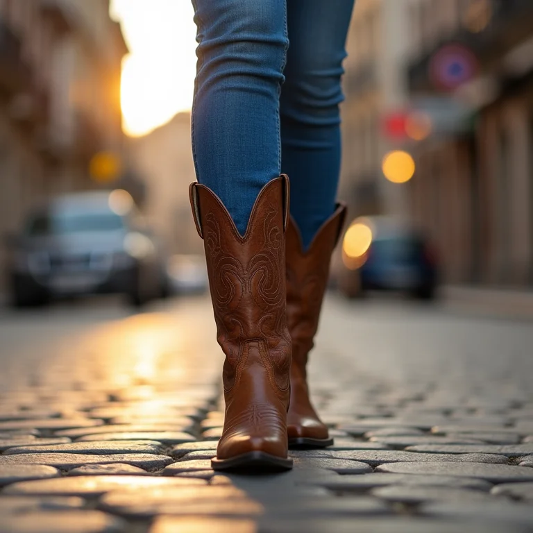 Close-up de bota western marrom com calça jeans