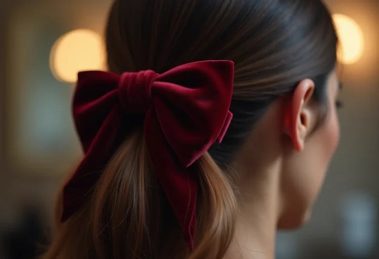 Close up de cabelo castanho com laço de veludo