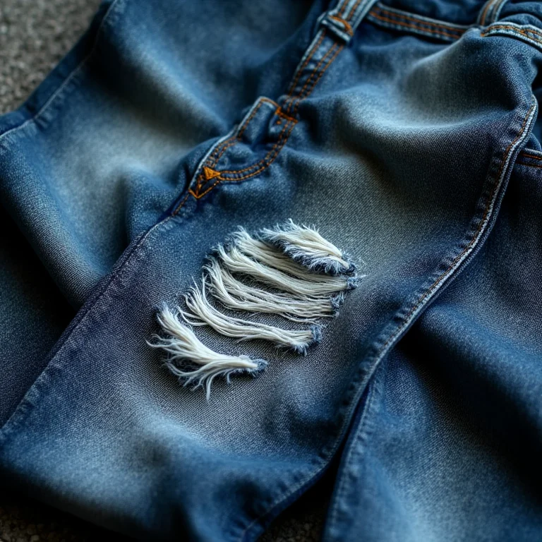 Close-up de calça jeans destroyed com detalhes rasgados.