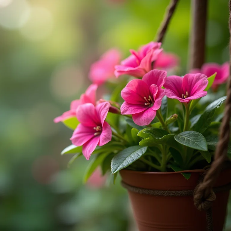 Close up de flores de Impatiens cor de rosa em cesto pendurado