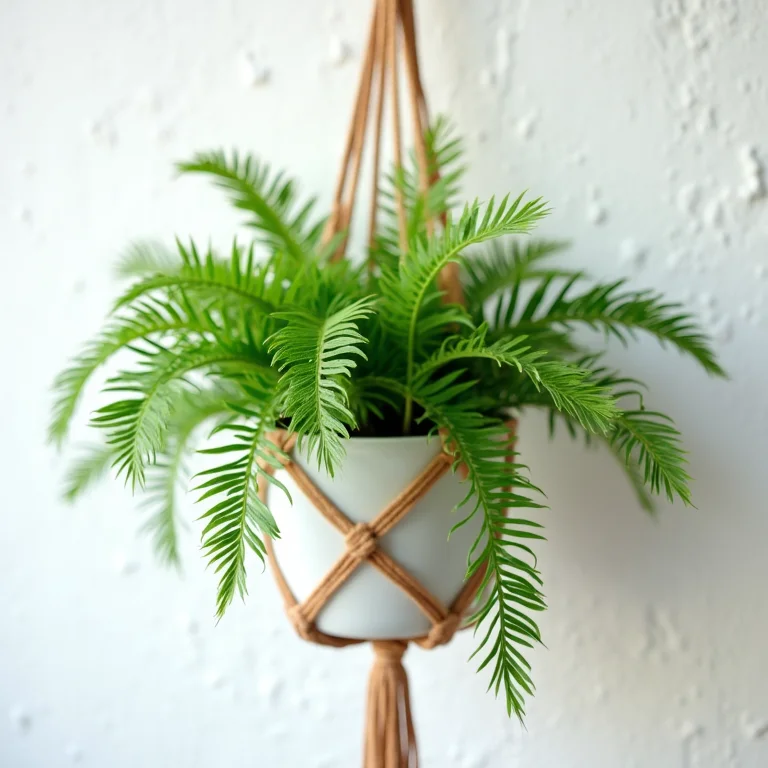 Close up de folhagem exuberante de Samambaia em suporte de macramê