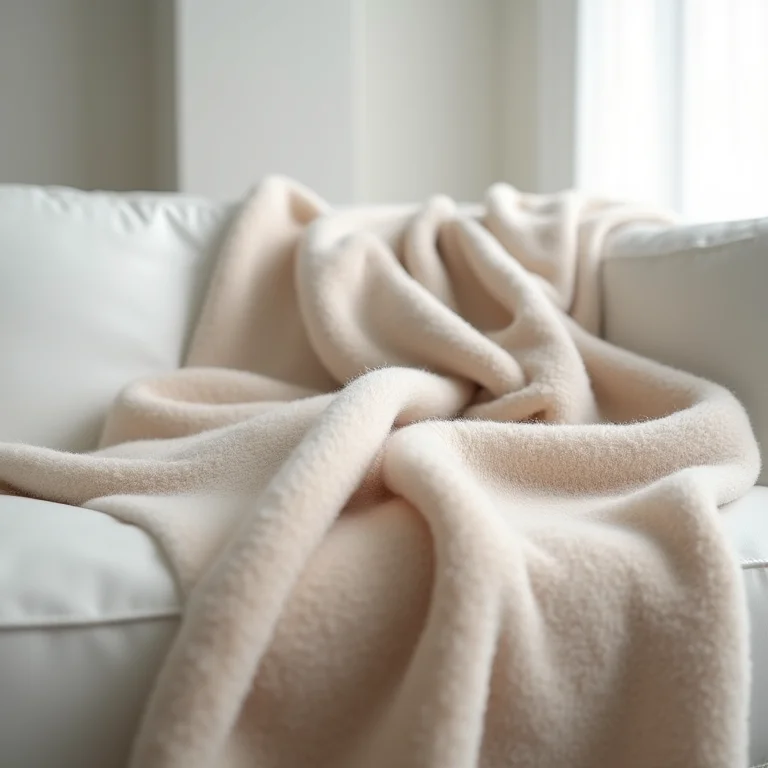 Close-up de manta de cashmere luxuosa sobre sofá branco minimalista