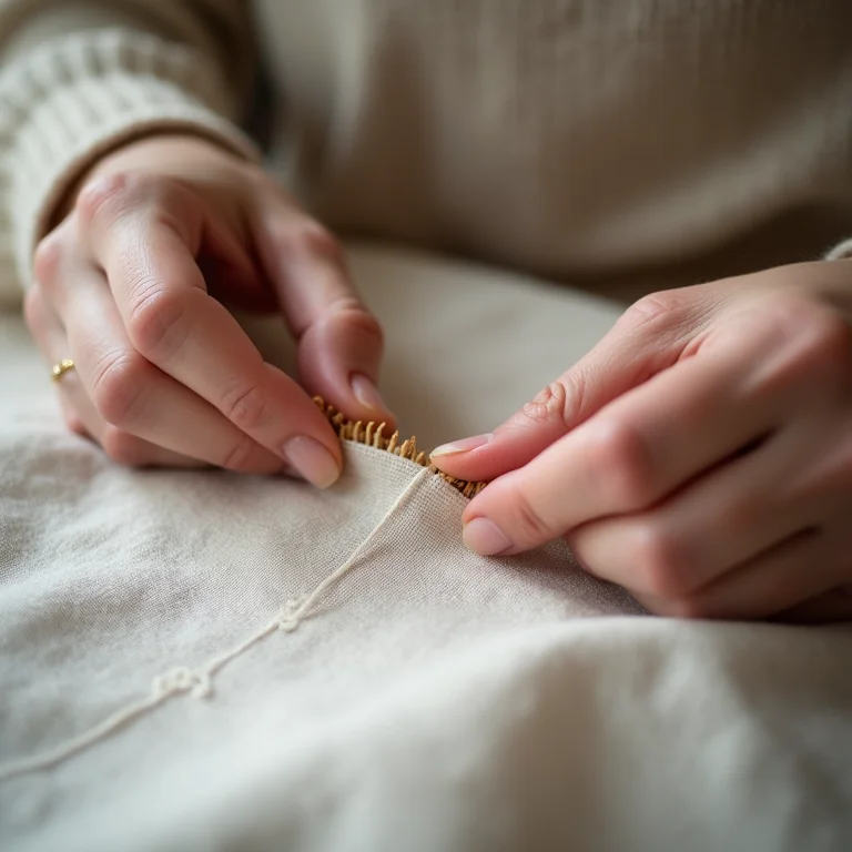 Close up de mãos bordando ponto haste