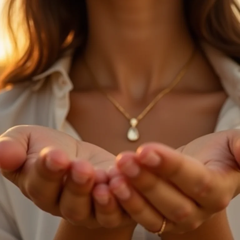 Close-up de mãos segurando colar de ouro minimalista