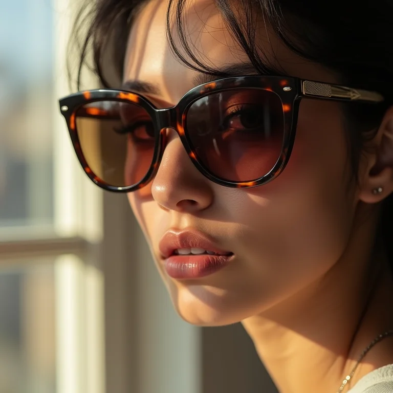 Close-up de óculos de sol estilosos no rosto de uma mulher