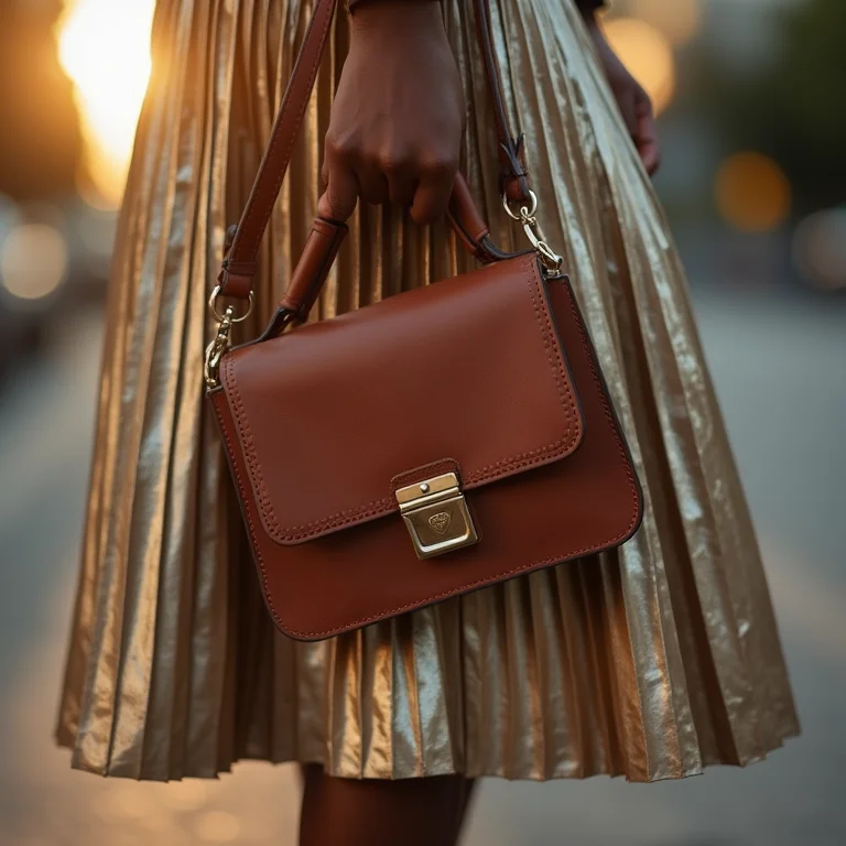 Close up de saia midi plissada prateada com bolsa de couro vintage e tênis plataforma.