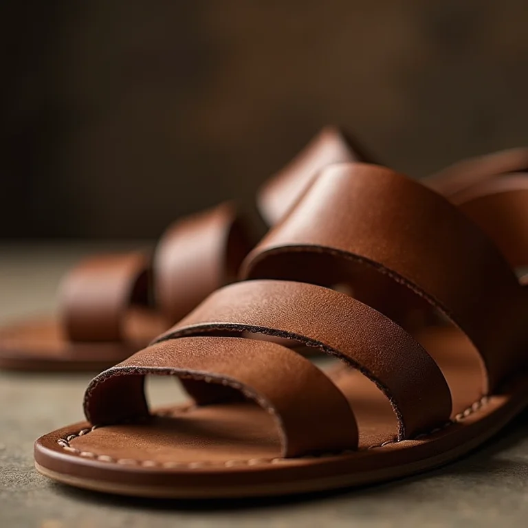 Close-up de sandálias gladiadoras de couro marrom